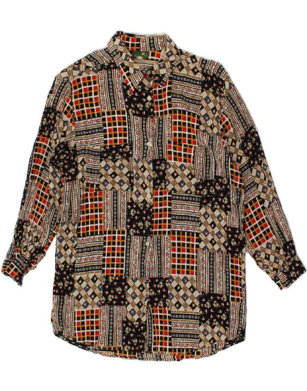 VINTAGE Womens Shirt Blouse UK 14 Large Brown Patchwork Comfortable Fitted Short Sleeve