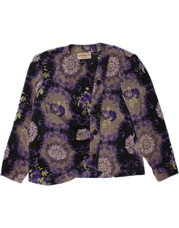 VINTAGE Womens Shirt Blouse UK 14 Large Purple Floral Trendy Turtleneck Short Shirt