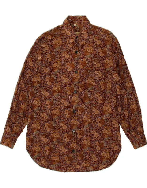 VINTAGE Womens Shirt UK 14 Medium Brown Floral Cotton Fashionable Cuffed Short Sleeve