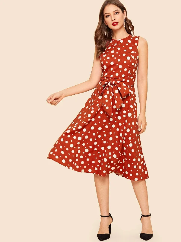 Waist Belted Polka Dot Midi Dress Elegant Lace Trim Midi Dress