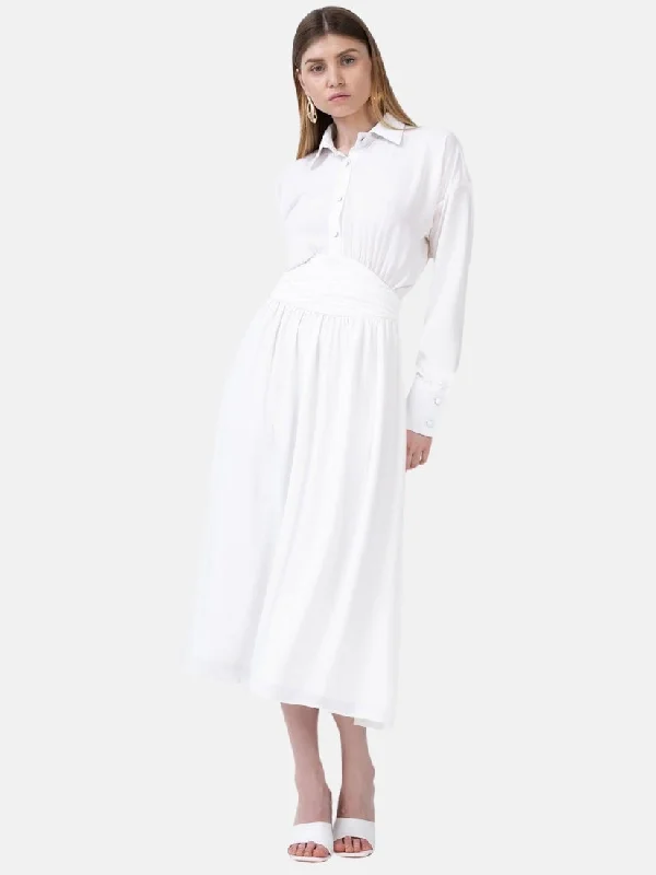 White Midi Dress With Button And Corset Stylish High-Waisted Midi Dress