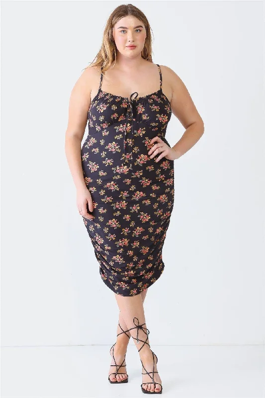 Plus Size Black Floral Print Ruched Midi Dress Trendy Floral Wrap Midi Dress