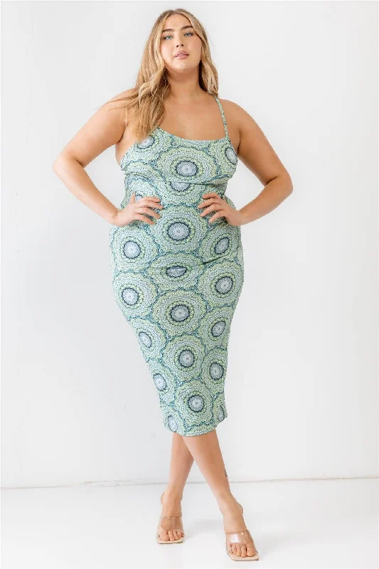 Plus Size Lime Retro Abstract Print Sleeveless Midi Dress Chic Bohemian Midi Dress