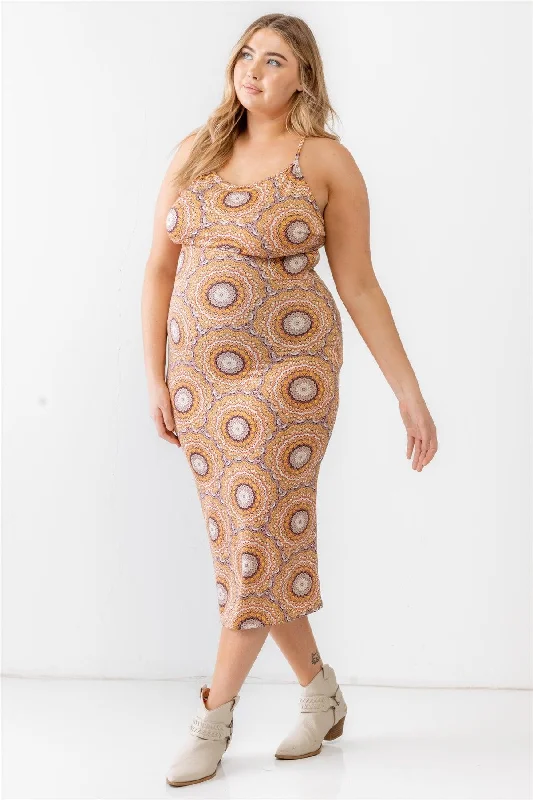 Plus Size Mustard Retro Abstract Print Sleeveless Midi Dress Trendy Ruffled Sleeve Midi Dress