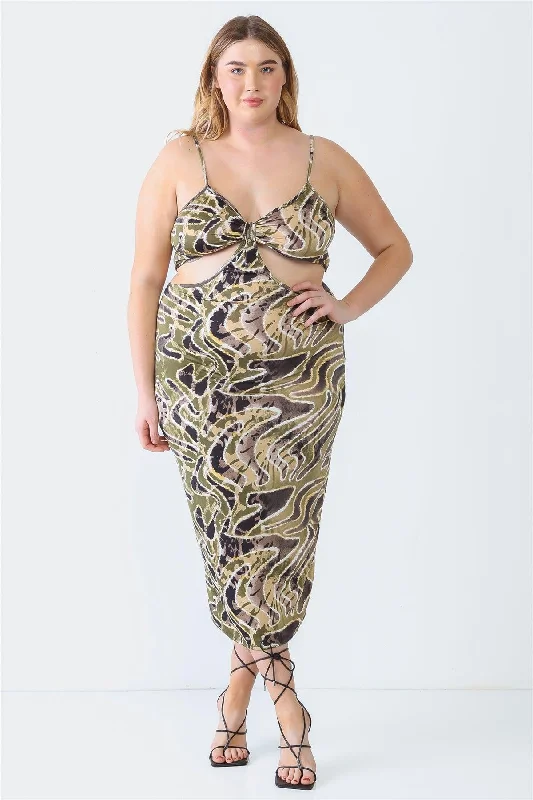 Olive Plus Size Printed Bow Cut-Out Sleeveless  Midi Dress Elegant Floral Appliqué Midi Dress