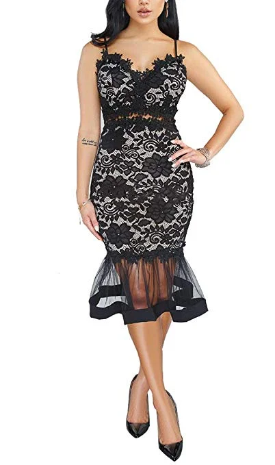 Women Sexy Floral Lace Mesh Sheer Hollow Out Deep V Neck Spaghetti Strap Bodycon Pencil Mermaid Midi Dress Fashionable Skater Midi Dress Women Sexy Floral Lace Mesh Sheer Hollow Out Deep V Neck Spaghetti Strap Bodycon Pencil Mermaid Midi Dress Fashionable Skater Midi Dress