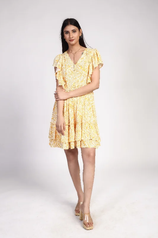 YELLOW LEAF COTTON MINI DRESS Comfortable Zip-Up Mini Dress