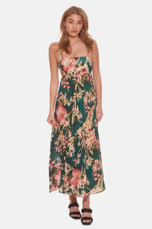 Lexi Bandeau Midi Dress Green Palm Elegant Floral Midi Dress