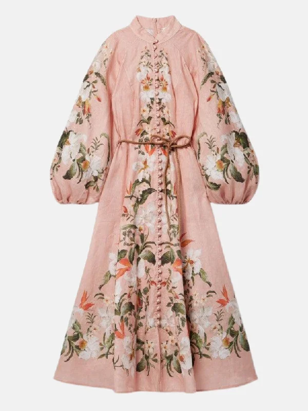 Lexi Belted Floral Print Linen Midi Dress in Pink Trendy Boho Midi Dress