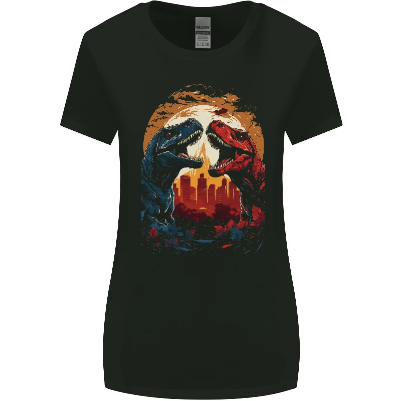 2 Dinosaurs With a Moon Backdrop T-Rex Lizard Womens Wider Cut T-Shirt Fashionable Trendy Casual