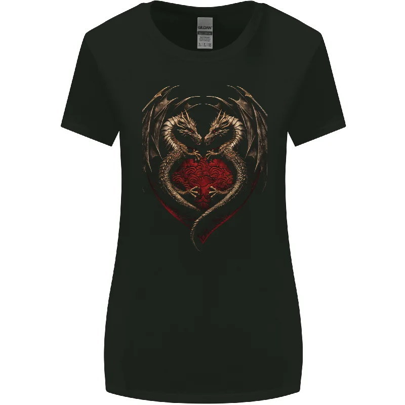 2 Fantasy Dragons in a Heart Shape Gothic Goth Womens Wider Cut T-Shirt Houndstooth Herringbone Solid