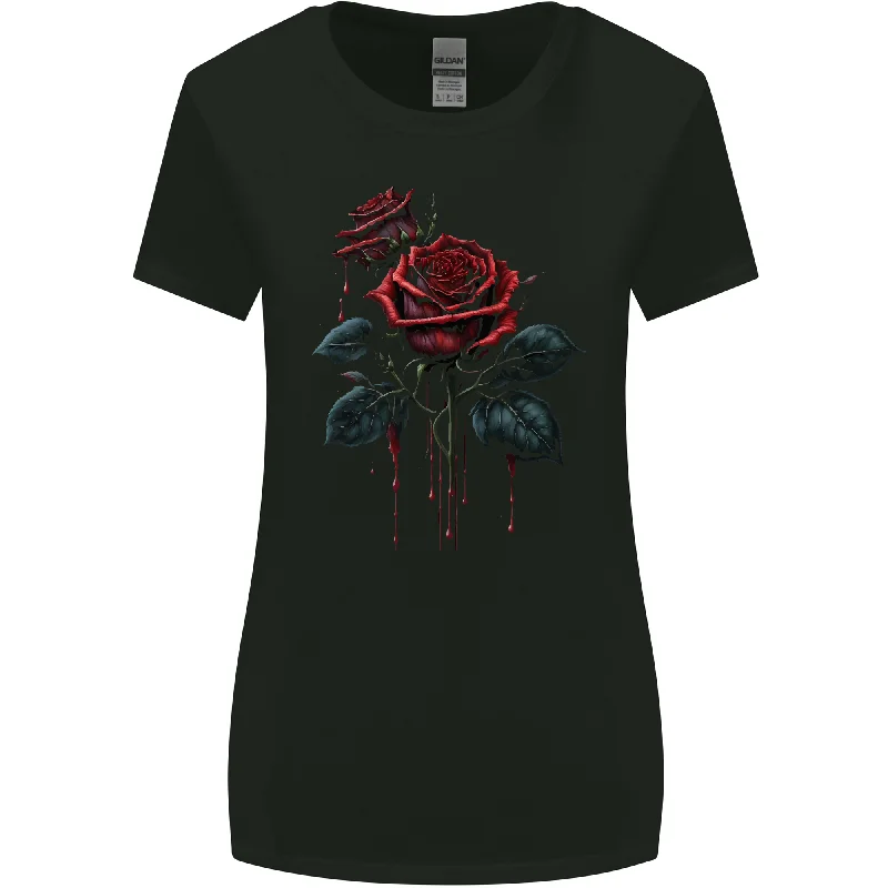 2 Roses Dripping With Blood Gothic Goth Womens Wider Cut T-Shirt Satin Fabric Silk Fabric Chiffon Fabric