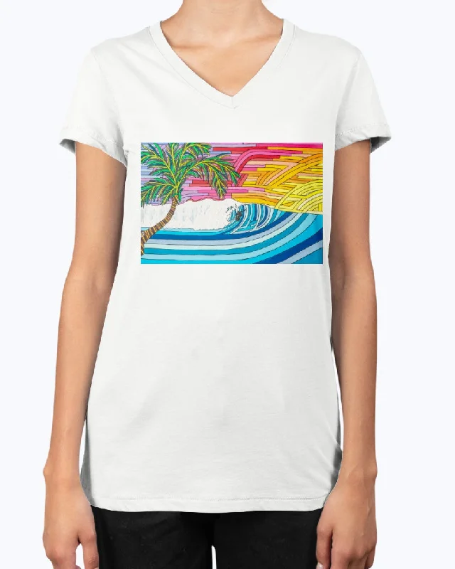 Palm Tree Sunset Surf - V Neck Tee Modern Contemporary Chic