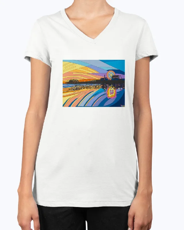 Santa Monica Pier - V Neck Tee Asymmetrical Pockets Print