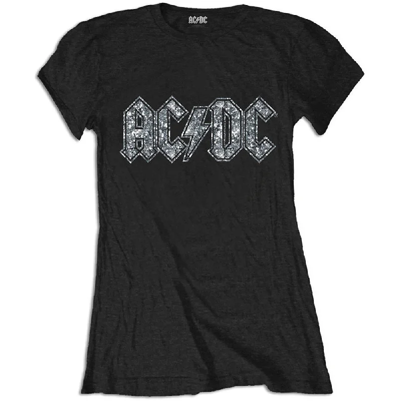 AC/DC Ladies T-Shirt: Logo (Diamante) Notch Collar Peter Pan Collar Cowl Neck