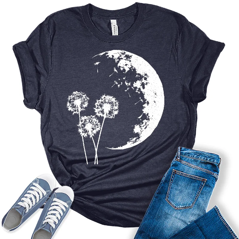 Dandelion Flower Moon Night  Graphic Tees for Women Spandex Blend Rayon Blend Denim Blend