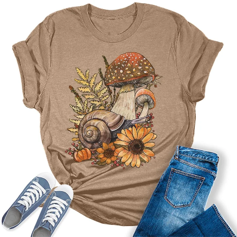 Fall Mushroom Snail Flowers Goblincore Graphic Tees For Women Ribbed Striped Patterned