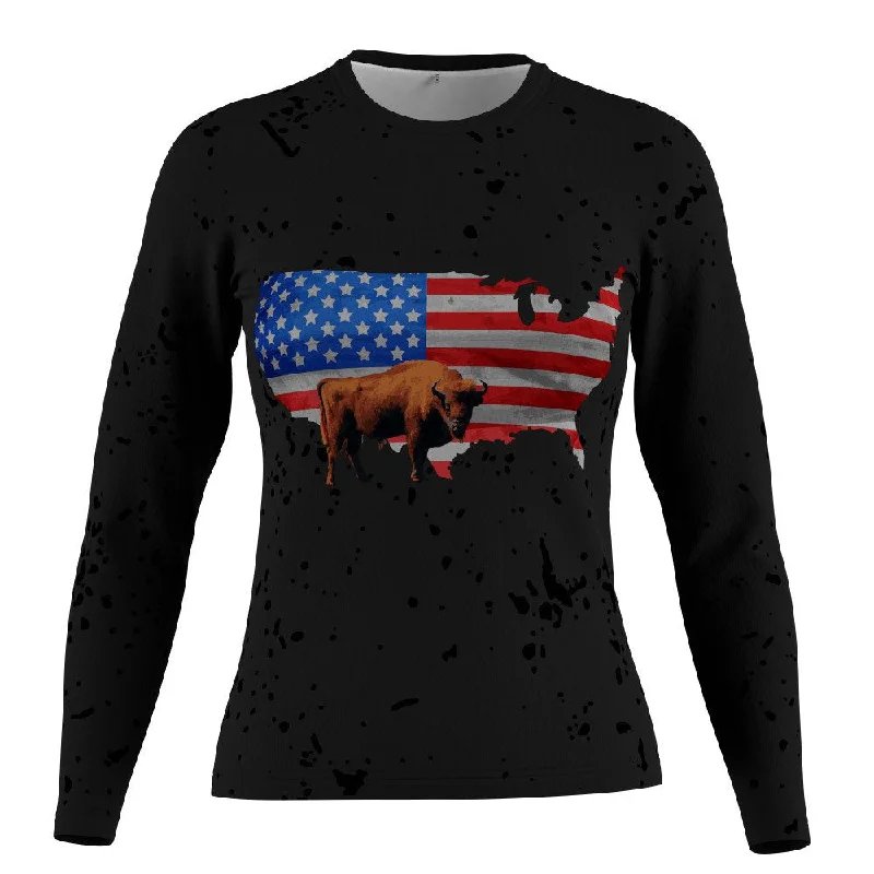 FMR USA Flag Women's Performance Long Sleeve T-Shirt Chenille Blend Fleece Blend Nylon Blend