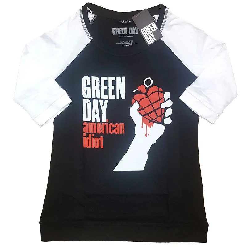 Green Day Ladies Raglan T-Shirt: American Idiot Mesh Blend Leather Blend Suede Blend