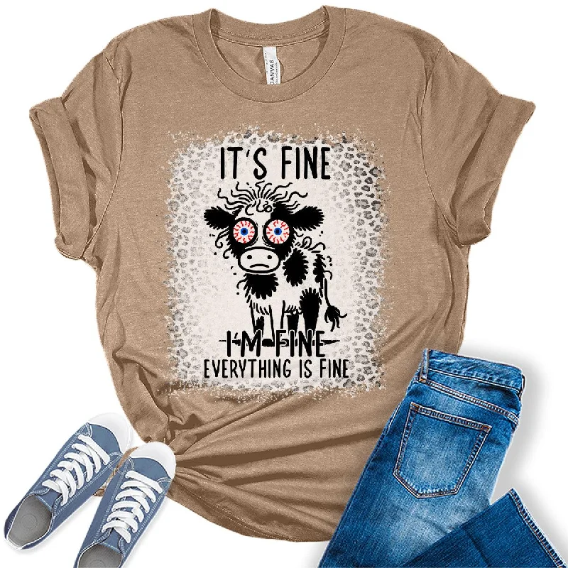 It's Fine I'm Fine Funny Cow Graphic Tees For Women Striped Floral Plaid