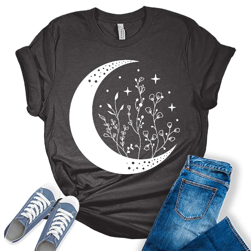 Mandala Crescent Moon Flowers Graphic Tees for Women Basic T-Shirt Crew Neck Short Sleeve