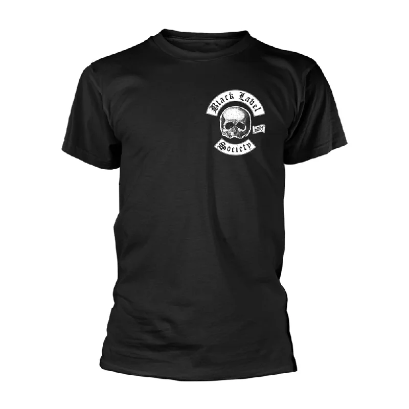 Black Label Society Unisex T-shirt: Skull Logo Pocket (Black) (back print) Notch Collar Peter Pan Collar Cowl Neck Black Label Society Unisex T-shirt: Skull Logo Pocket (Black) (back print) Notch Collar Peter Pan Collar Cowl Neck