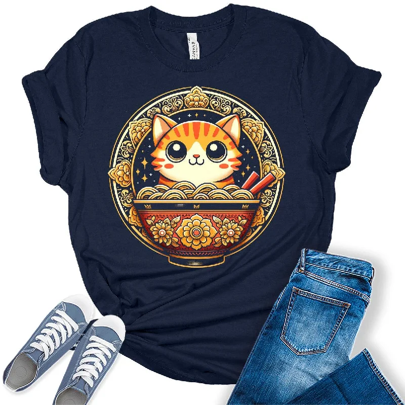 Ramen Cat Japanese Noodles Otaku Lover Graphic Tees for Women Hooded Caped Shawl Collar