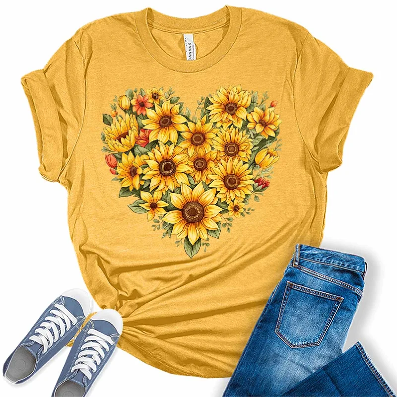 Sunflower Floral Heart Summer Womens Graphic Tee Notch Collar Peter Pan Collar Cowl Neck