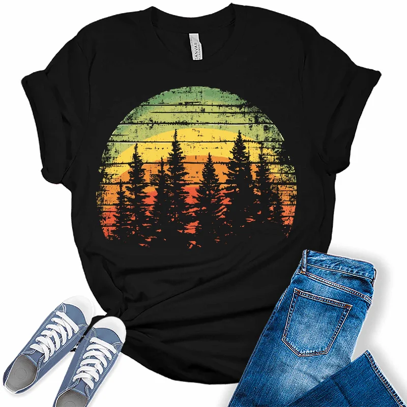 Trendy Hiking Pine Trees Sunset Womens Graphic Tees Zippered Front Buttoned Front Snap Front