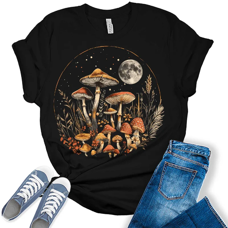 Trendy Mushroom Wildflower Moon Womens Graphic Tees Chenille Fabric Brocade Fabric Lace Fabric