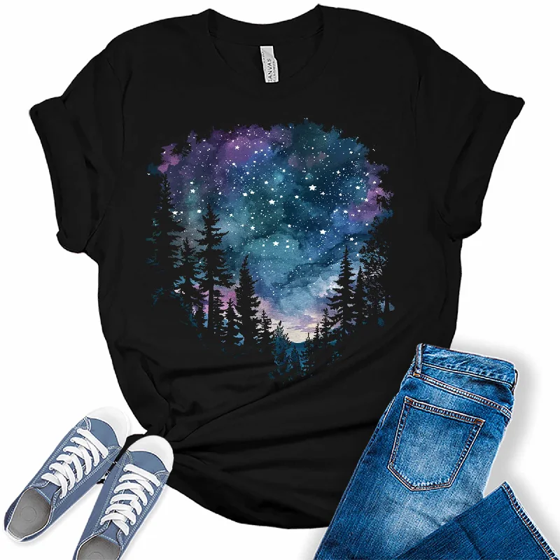 Women's Camping Northern Lights Night Sky Forest Graphic Tees Cashmere Blend Cotton Blend Poly Blend