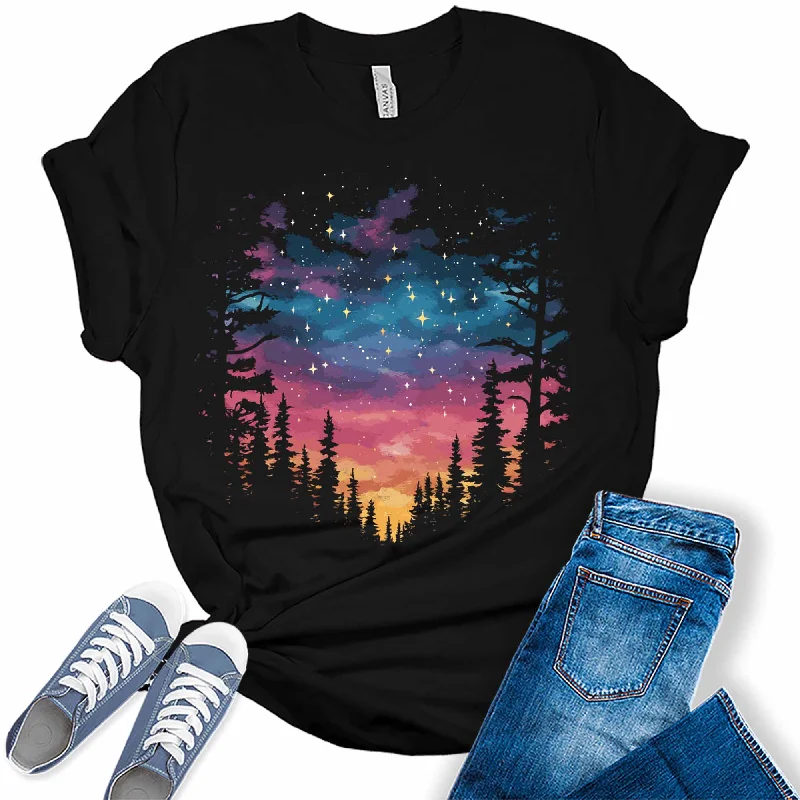 Women's Cute Camping Northern Lights Trendy Forest Graphic Tees Cashmere Blend Cotton Blend Poly Blend