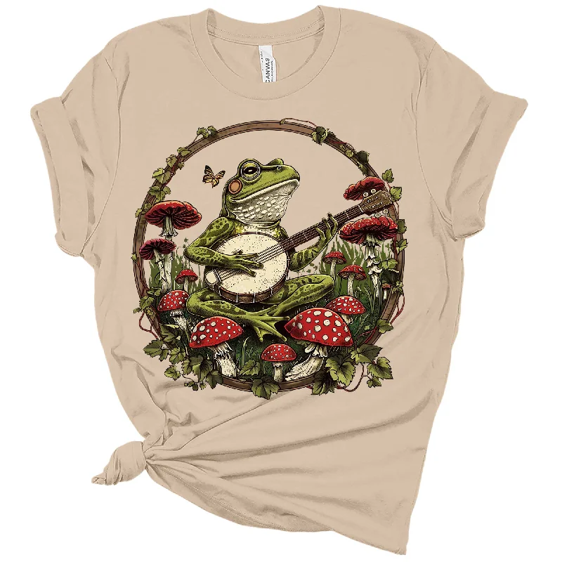 Womens Frog Playing Banjo Mushroom Frame Trendy Butterfly Graphic Tees Front Pockets Side Pockets Patch Pockets