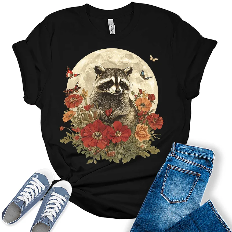 Womens Raccoon Fall Floral Moon Butterflies Graphic Tees Chenille Blend Fleece Blend Nylon Blend