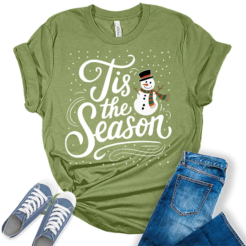 Women's Tis The Season Christmas Snowman Graphic Tees Rayon Fabric Velvet Fabric Corduroy Fabric