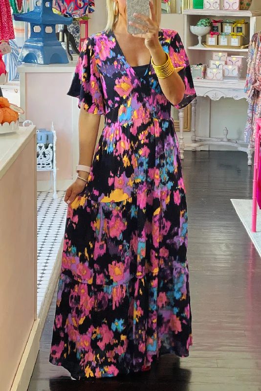 Abstract Floral Pattern Flutter Sleeve Tiered Maxi Dress Elegant Lace-Up Maxi Dress