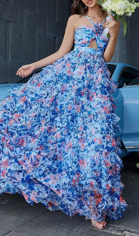 BLUE FLORAL MAXI DRESS Trendy Fit-and-Flare Maxi Dress