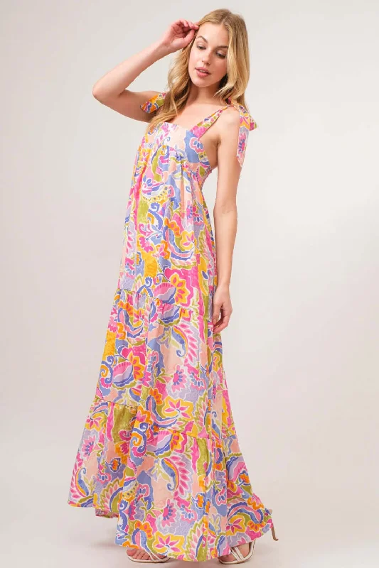 Printed Tie Shoulder Tiered Maxi Dress Fashionable Layered Maxi Dress