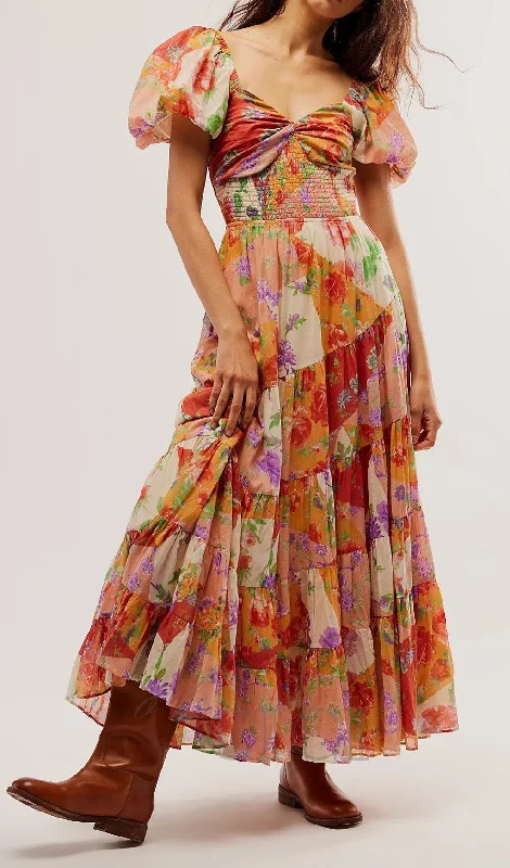 PUFF SLEEVE FLORAL PRINTED MAXI DRESS Comfortable T-Shirt Maxi Dress