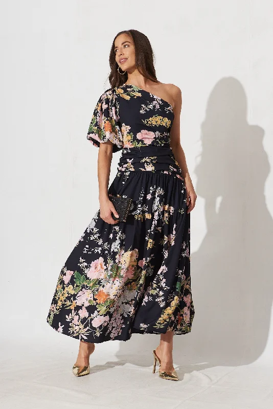 Berlyn One Shoulder Maxi Dress Black With Pink Floral Classic Solid Maxi Dress