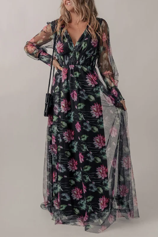 Black Mesh Sheer Shirred High Waist Floral Maxi Dress Elegant Maxi Dress with Ruffles