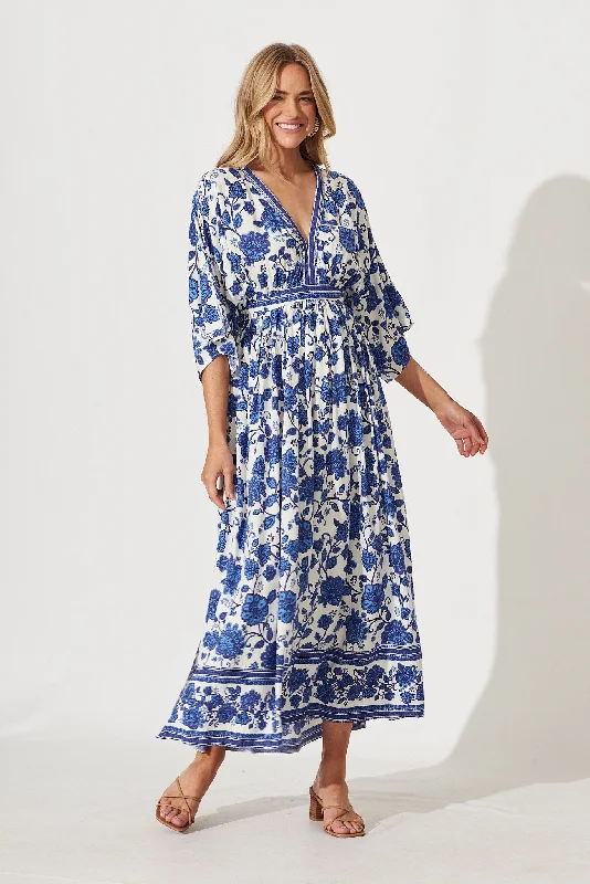 Break Free Maxi Dress In Cream With Blue Floral Border Print Elegant Maxi Dress with Slit