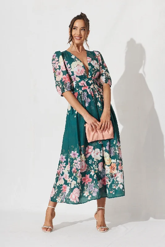 Camille Maxi Dress In Teal With Orange Floral Cozy Open-Back Maxi Dress