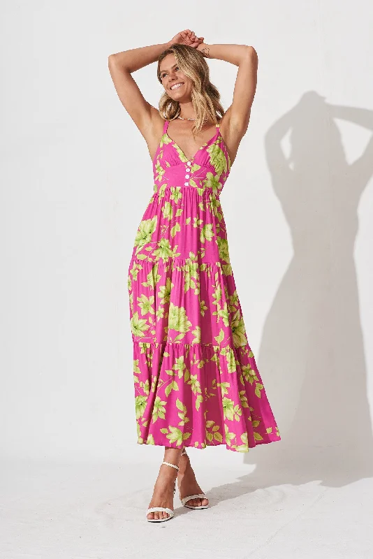 Delanie Maxi Dress In Pink With Green Floral Casual Maxi Dress with Pockets