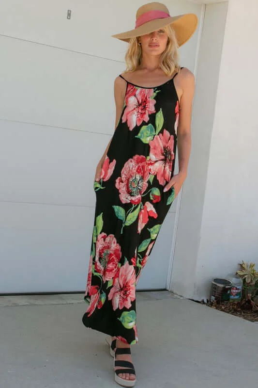 Floral Halter Pocket Maxi Dress Classic Black Maxi Dress