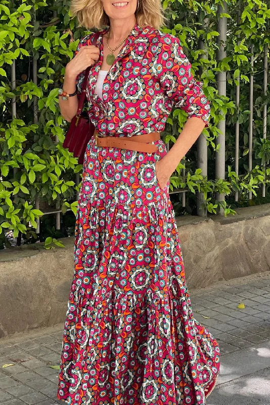 Floral Print Long Sleeve Shirt Bodice Flared Maxi Dress Comfortable Cotton Maxi Dress