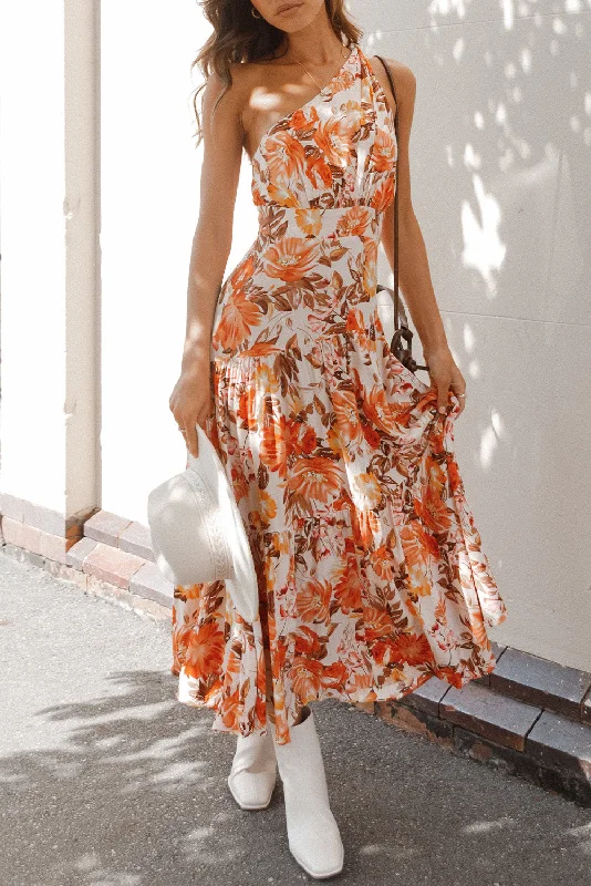 Floral Print Pleated One Shoulder High Waist Maxi Dress Cozy Cold-Shoulder Maxi Dress