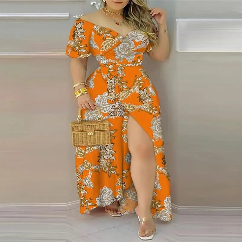 Floral Print Split Thigh Belted Wrap Maxi Dress Chic Off-Shoulder Maxi Dress