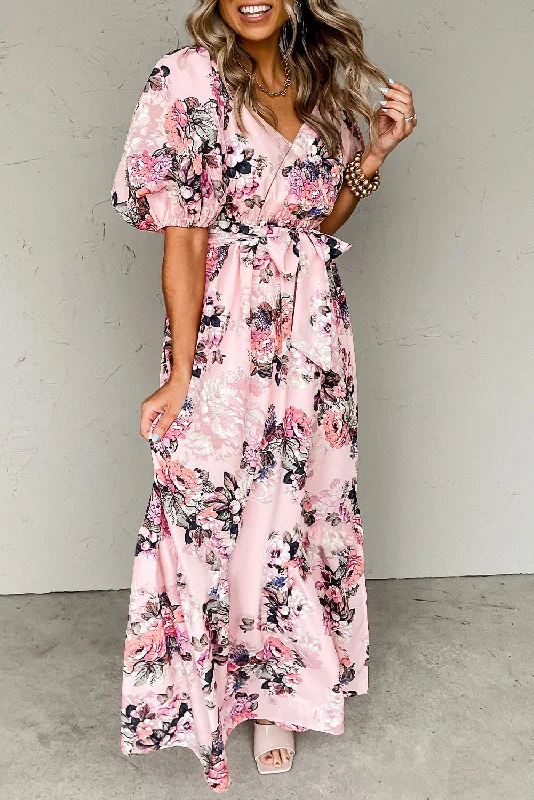 Floral Puff Sleeve High Waist Maxi Dress Stylish Off-Shoulder Maxi Dress