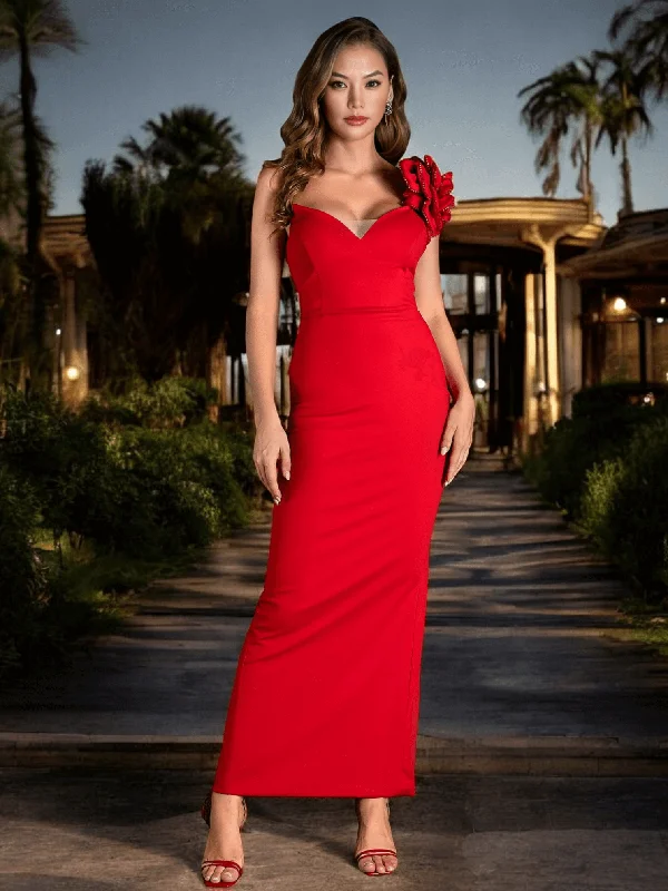 Flower One Shoulder Maxi Dress Red Comfortable Satin Maxi Dress